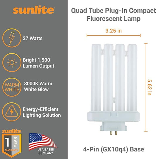Sunlite 41759 FML27/30K/2PK Quad Tube Plug-in Compact Fluorescent Lamp, FML 4-Pin, 27 Watts, 1500 Lumens, 3000K Warm White, 4-Pin (GX10`q4) Base, 120 Volts, 6 Pack