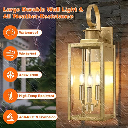 19'' Large Outdoor Wall Lantern, Gold Waterproof Outside Wall Sconce Lights for House, Anti-Rust Exterior Lighting Fxitures with Clear Glass Shade for Front Porch, Garage, Patio, 1-Pack