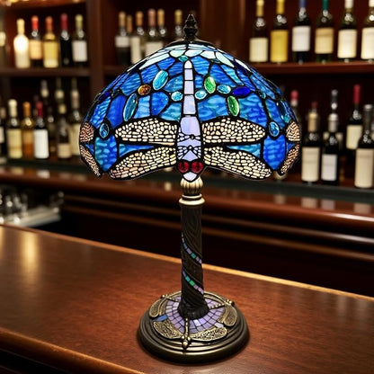 Tiffany-Style Table Lamp, 12" Blue Dragonfly Handmade Stained Glass Lamp Shade, Vintage Reading Light for Bedroom Living Room, LED Bulb Included