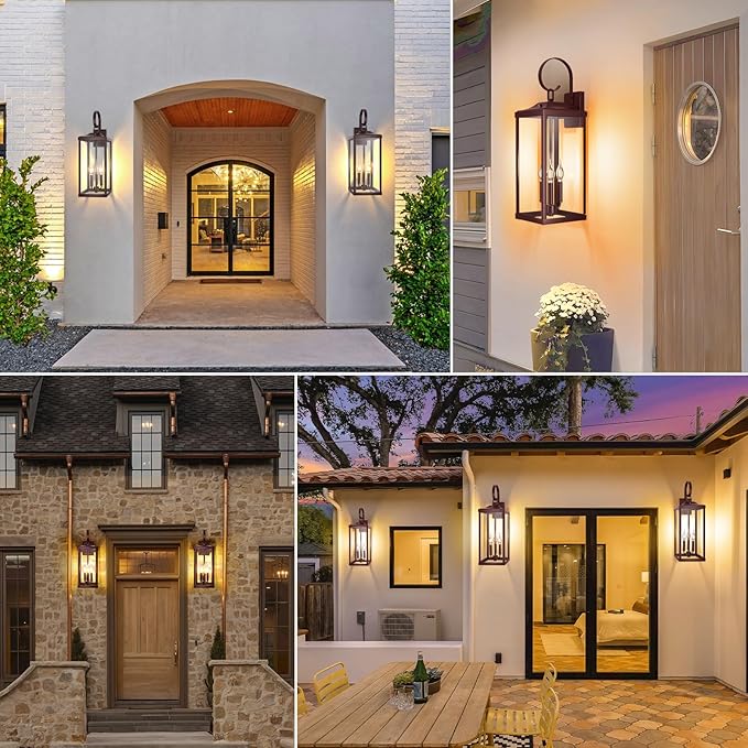 24" Extra Large Dusk to Dawn Outdoor Wall Light, Oil Rubbed Bronze 3-Light Waterproof Exterior Wall Mount Porch Lantern, Modern Outside Wall Sconce Coach Light Brown, E12, 1-Pack