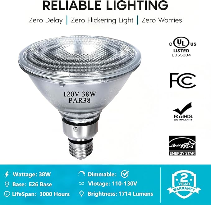 PAR38 Halogen Flood Light Bulbs 4 Pcs, 38W Equivalent, 120V, E26 Base, 2700K Warm White Light for Indoor and Outdoor