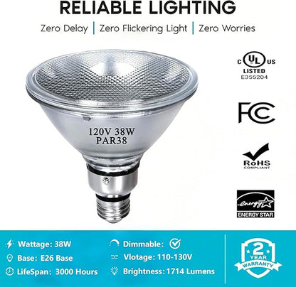 PAR38 Halogen Flood Light Bulbs 4 Pcs, 38W Equivalent, 120V, E26 Base, 2700K Warm White Light for Indoor and Outdoor