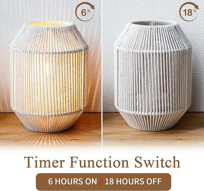 JHY DESIGN Woven Lampshade Table Lamp 8.5" H Cotton Rope Bedside Lamp Cordless Small Battery Operated Lamp Decorative Bedside Lamp with 6 Hours Timer for Bedroom Living Room Weddings Parties Patio