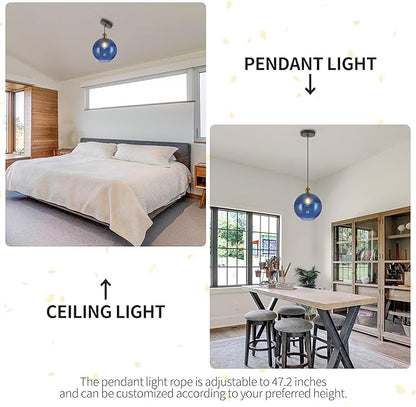 Blue Glass Pendant Lights Kitchen Island Lighting Modern Globe Pendant Light Fixtures Modern Pendant Lights for Kitchen Island Bedroom Living Dining Room Light Fixture-7.8Inch
