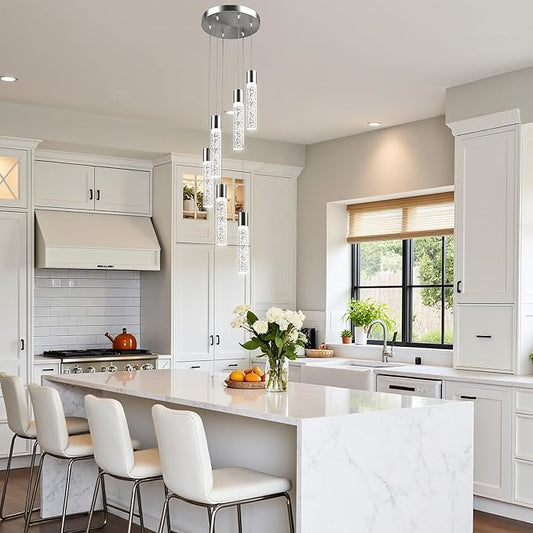 Pendant Lights Kitchen Island, Modern Kitchen Island Lights, Ceiling Lighting Fixtures with Crystal Bubble, Integrated LED Hanging Light Nickel 1 Pack(6-Light)