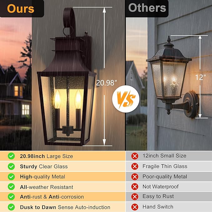 Outdoor Wall Sconces 2-Light, 20.98" Waterproof Wall Lantern Exterior Wall Mount with Tempered Glass, Oil Rubbed Bronze Dusk to Dawn Outdoor Lighting for Patio, Front Door, Garage