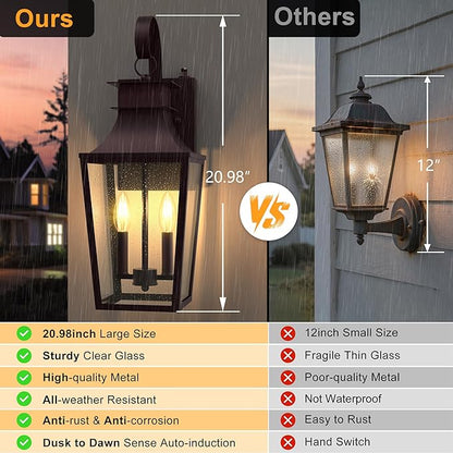 Outdoor Wall Sconces 2-Light, 20.98" Waterproof Wall Lantern Exterior Wall Mount with Tempered Glass, Oil Rubbed Bronze Dusk to Dawn Outdoor Lighting for Patio, Front Door, Garage