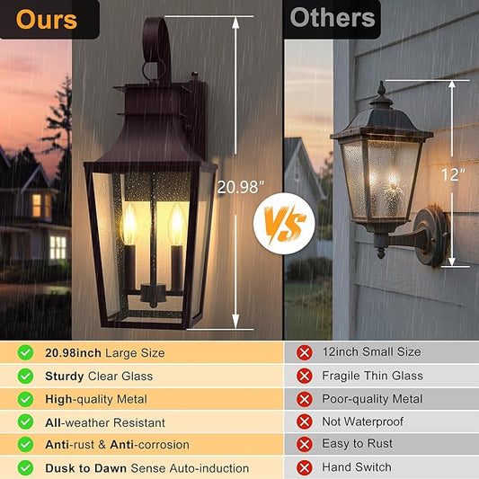 Outdoor Wall Sconces 2-Light, 20.98" Waterproof Wall Lantern Exterior Wall Mount with Tempered Glass, Oil Rubbed Bronze Dusk to Dawn Outdoor Lighting for Patio, Front Door, Garage