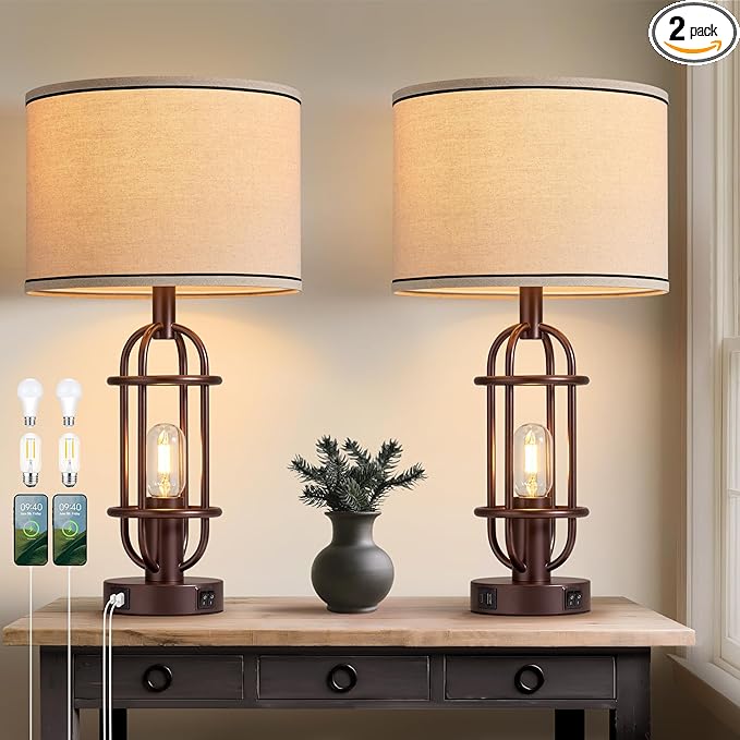 Living Room Lamps Set of 2, 22.3" Farmhouse Table Lamp for Bedroom, Vintage Lamps for Night Stands with USB Ports, Oil Rubbed Bronze