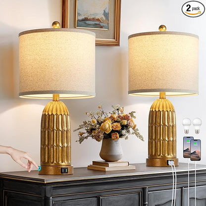 Table Lamps for Bedroom Set of 2, Farmhouse 3-Way Dimmable Touch Nightstand Lamp with 2 USB Charging Ports, Vintage Rustic Traditional Bedside Lamp for Living Room End Table