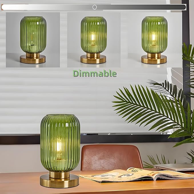 NKU Mid Century Modern Dimmable Table Lamp, Green Ribbed Glass Vintage Nightstand Lamp, Plug-in Bedside Lighting for Bedroom Living Room Office