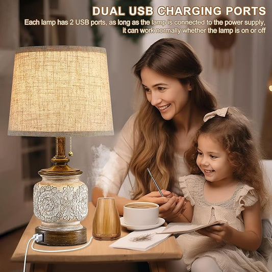 19.5" Farmhouse Bedside Table Lamps Set of 2 Rustic Lamps for Nightstand Bedroom with USB Ports Vintage Traditional White Carved Floral Night Light Lamps for Living Room End Tables Decor