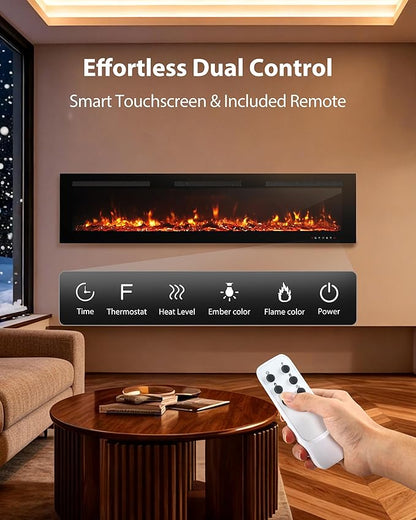 EUHOMY 72 Inch Electric Fireplace Wall Recessed and Wall Mounted with Adjustable Flame Color, Fireplace Heater with Remote Control, Linear Fireplace with Timer, Touch Screen, Log & Crystal, 750/1500W