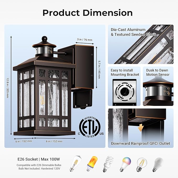 Outdoor Wall Light Fixtures with GFCI Outlet, Adjustable Sensitivity Motion Sensor Outdoor Lights, Oil Rubbed Bronze Anti-Rust Outside Lighting Fixture Sconce for Patio, Garage, Waterproof