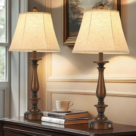 AIDENOEY 28.5" Traditional Table Lamp Set of 2, Rustic Farmhouse Table Lamps for Living Room Bedroom, Bedside Desk Lamps Vintage Nightstand Lamps with Silk Fabric Shades,Antique Copper Table Lamp