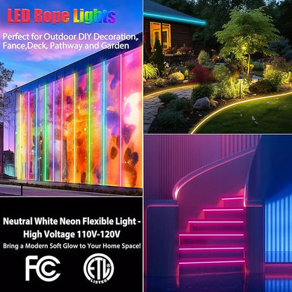 65.6ft RGB Neon Rope Light, Commerial Grade Waterproof RGB Neon Rope Lights with Remote, 110V 120V Plug-in Neon Strip Lights with Dimmable Power Adapter for Outdoor,Indoor Using