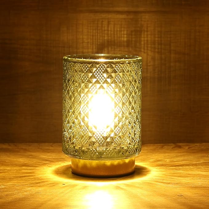 Battery Operated Lamp with Timer, Small Table Lamp for Shelf Decor, Glass Cordless Lamps Bedside Cozy Light for Living Room/Coffee Table/Entryway Diamond Design-Green