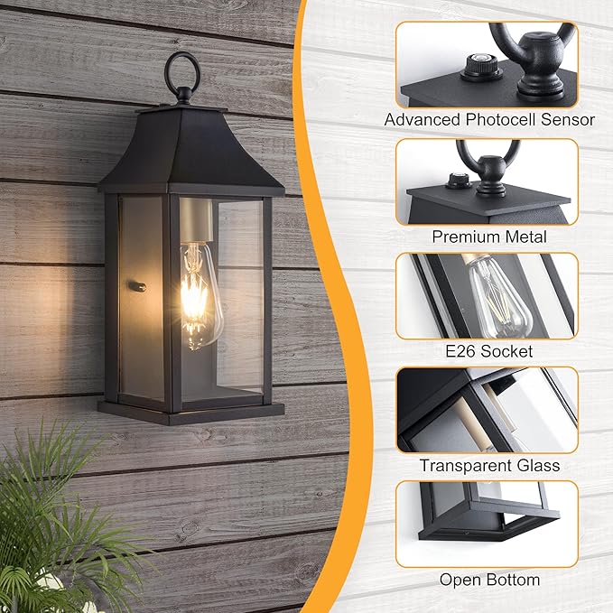 Dusk to Dawn Outdoor Wall Lantern, Modern 15" Outside Wall Sconce, Black Outdoor Light Fixture with Glass, Waterproof Exterior Lamp for House Porch Patio