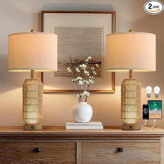 OYEARS 25" Table Lamps Set of 2 with Night Light,Bedside Lamps for Bedroom,Boho Lamps with USB C+A Charging Ports,Farmhouse Table Lamp with Rattan,Frosted Glass,Linen Shade (Wood Grain,Bulb Included)