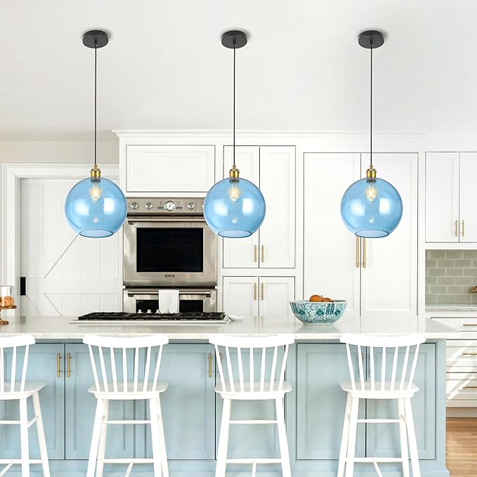 Blue Glass Pendant Lights Kitchen Island Lighting Globe Pendant Light Fixtures Modern Kitchen Island Lighting for Dining Room Bedroom -9.8inch