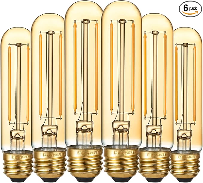LiteHistory Dimmable E26 LED Bulb 4W Equal Edison Bulb 40 Watt AC120V Tubular Light Bulb Warm White 2200K Amber 250lm T10 LED Bulb for Rustic Pendant,Chandeliers,Wall sconces E26 Light Bulbs 6Pack