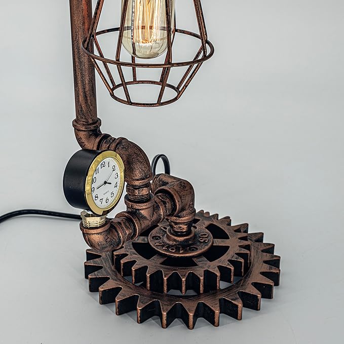 Vintage Copper Steampunk Pipe Table Lamp with Clock (Cage Shade Design) QTF-BT02