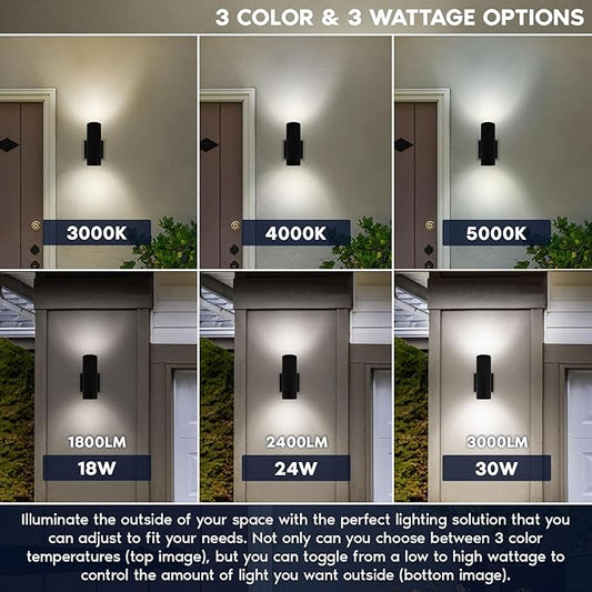 LUXRITE Dusk to Dawn LED Modern Outdoor Wall Lights, 12", Up or Up and Down Light, 3CCT 3000K-5000K, Waterproof Cylinder Wall Sconce, 18/24/30W, Dimmable, IP65, ETL, Black - Patio Garage (2 Pack)