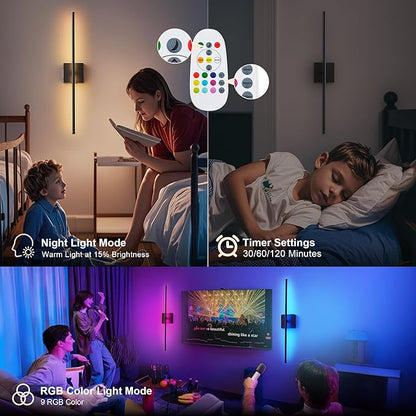 24.4 Inch 9 RGB Color Battery Operated Wireless Wall Sconces Set of Two, with Remote, Dimmable, Warm/Natural White/Daylight, Rotatable, LED Wall Light for Living Room, Bedroom, Black