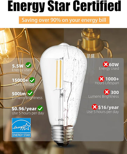 Lumiverse Edison Bulbs 60W Equivalent, Dimmable LED Light Bulbs, CRI 90+, Vintage E26 Lightbulbs, 2700K Warm White, ST19 ST58, 5.5W, Antique Clear Glass, 6 Pack