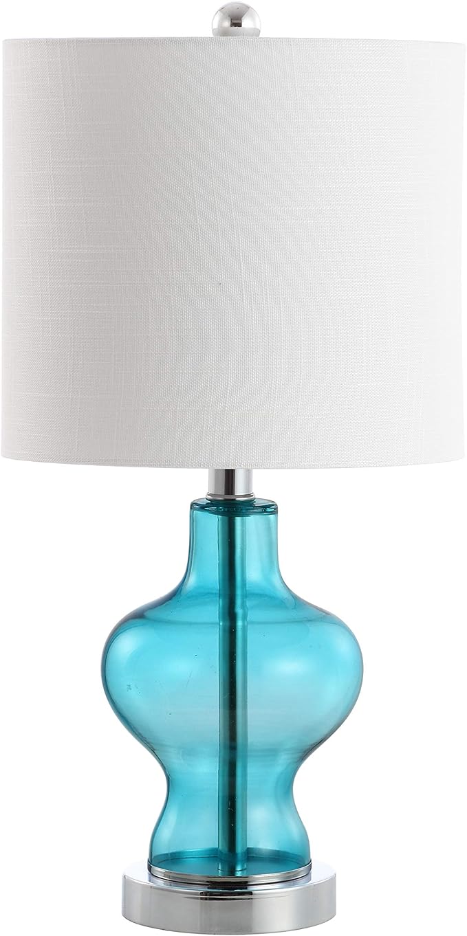 JONATHAN Y JYL4036A 20.5" Modern Glass Table Lamp, Aqua Blue Bedside Lamp for Living Room, Bedroom Nightstand, Coastal End Table Desk Lamp with White Linen Drum Shade, LED Bulb Included