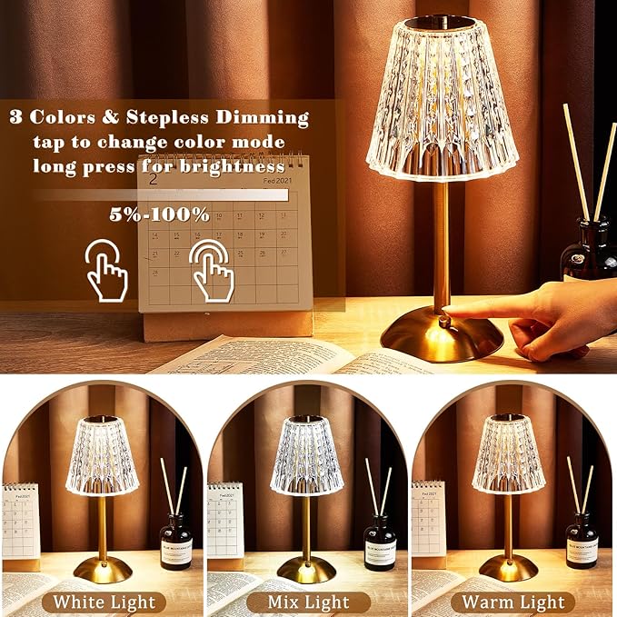 Liliful 8 Pcs Cordless Table Lamp Rechargeable Touch LED Small Gold Portable Battery Operated USB-c Desk Lamp 3 Color Dimmable for Bedroom Living Room Dining (Gold,Classic Style)