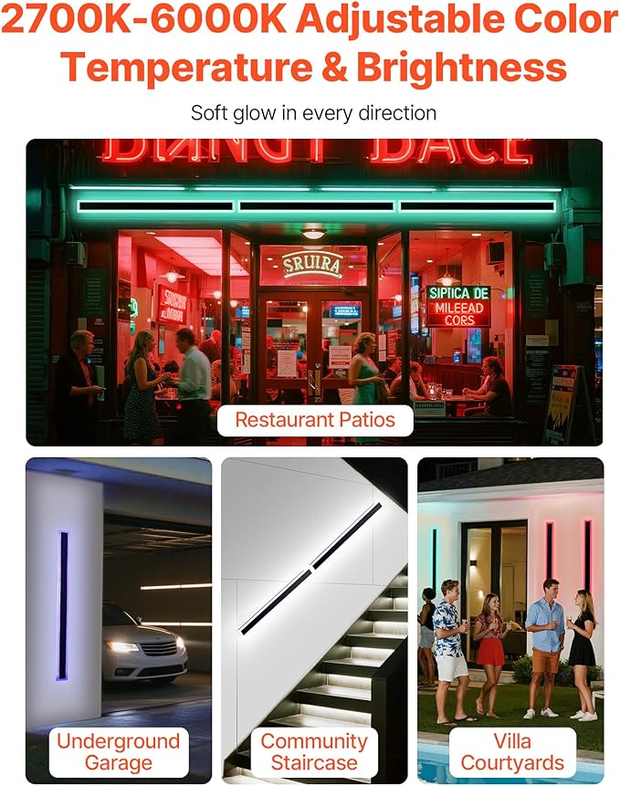 VEVOR Outdoor Wall Lights, 2 Pack, 39.4 Inch Long RGB Modern Exterior Wall Sconce Light Fixtures, 2700K-6000K, IP65 Waterproof Anti-Rust, Dimmable Outside Wall Mount Lighting, for House Porch Garage