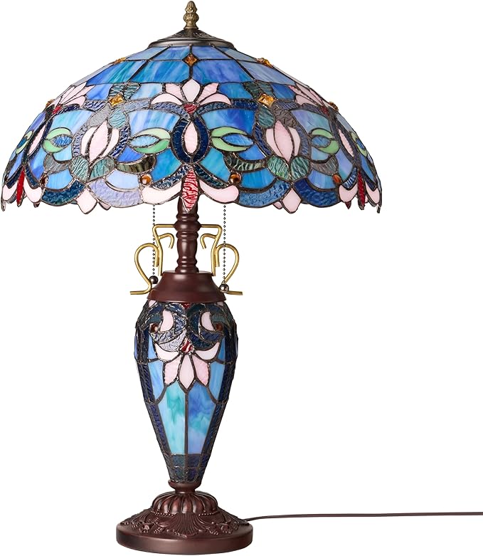RIVER OF GOODS 24.5" H Victorian Blue Dome Shade Double Lit Tiffany-Style Stained Glass Table Lamp