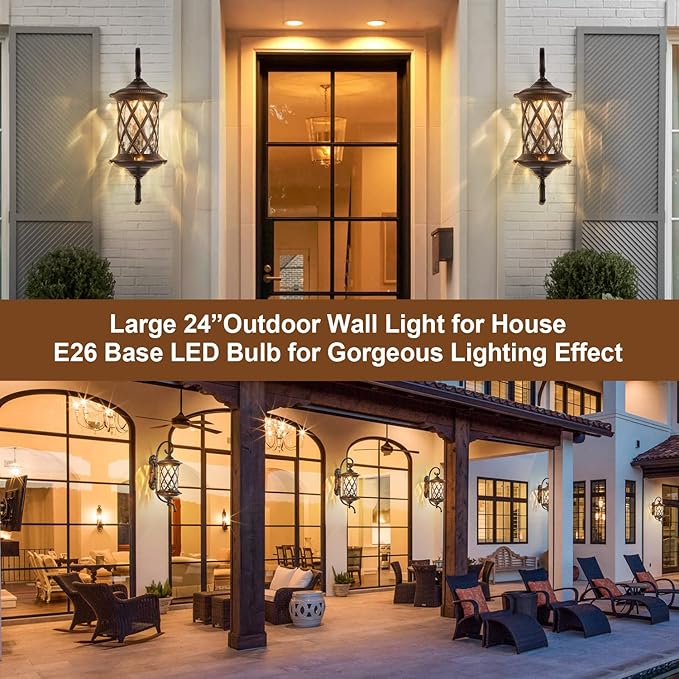 Oil Rubbed Bronze 24" Large Outdoor Coach Light Retro Exterior Waterproof Wall Lantern, Waterproof Aluminum Patio Sconce Light Brown Wall Mount Lamps with Water Glass for Garage, Front Door Garden