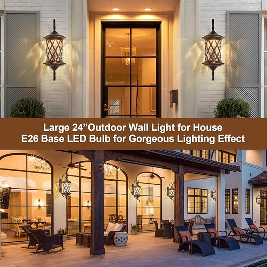 Oil Rubbed Bronze 24" Large Outdoor Coach Light Retro Exterior Waterproof Wall Lantern, Waterproof Aluminum Patio Sconce Light Brown Wall Mount Lamps with Water Glass for Garage, Front Door Garden