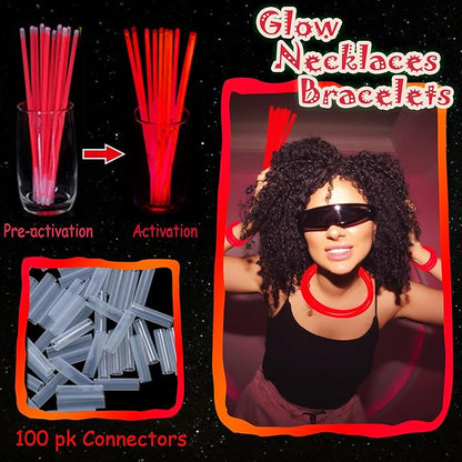 ILHSTY 100 Pcs 8'' Red Glow Sticks Glow Necklaces In The Dark Party Favors Supplies Bright GlowSticks Bulk with Accessories for Birthday Christmas New Year Halloween 4th of July Neon Party (Red*100)