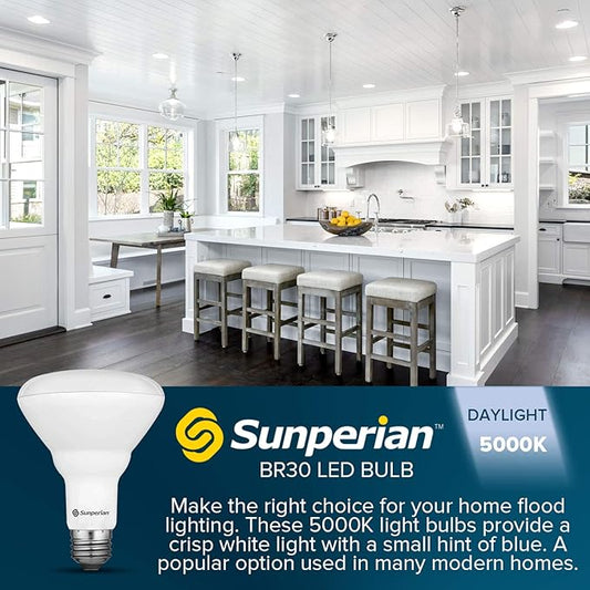 SUNPERIAN BR30 LED Bulb, 8.5W=65W, 5000K Daylight, 800 Lumens, Dimmable Flood Light Bulbs for Recessed Cans, Enclosed Fixture Rated, Damp Rated, UL Listed, E26 Standard Base (4 Pack)