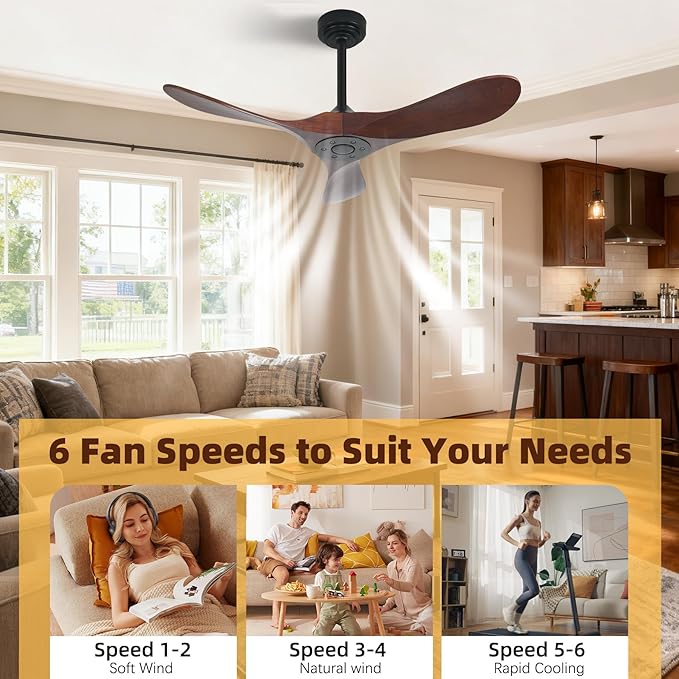 Outdoor Ceiling Fan Without Light, 42Inch Smart Ceiling Fan with Remote & Voice Control for Alexa/Google, 3-Blade Wood Fan, Quiet DC Motor, 6 Speeds for Patio, Porch, Farmhouse, Dark Walnut