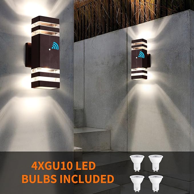 tewei 2 Pack Outdoor Wall Lights, Modern Dusk to Dawn LED Outdoor Lighting 2-Layer Brown Outdoor Lights for House Exterior Wall Light Fixture Waterproof Up and Down Porch Lights for Garage Entryway