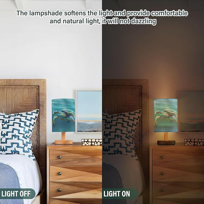 Bedside Lamp Turtle Teal Underwater Table Lamp for Bedroom LED Nightstand Lamp Shade USB Ports Wood Base for Living Room Dorm Office