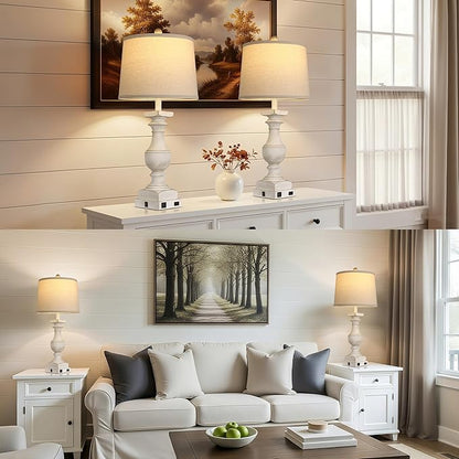 28'' Washed White Table Lamp for Bedroom Nightstand, Vintage Bedside Lamp with USB A+C Port, Farmhouse Desk Lamp with Linen Shade Set of 2, Traditional Nightstand Lamp, Rocker Switch,Bulb Included