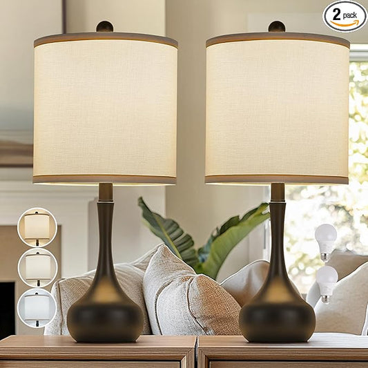 23" Farmhouse Table Lamp Set of 2, Black Metal Modern Bedside Lamps for Living Room, 3 Color Temperature Rustic Table Lamps for Bedroom, Night Stands, Dorm,Office, Home Décor (Bulb Included)