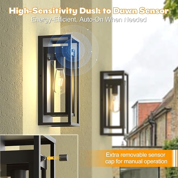 Dusk to Dawn Outdoor Wall Light 2Pack-15in Waterproof Large Porch Sconce Wall Mounted Modern Exterior Lighting Fixture E26 Black Lantern for Outside House Garage Entryway
