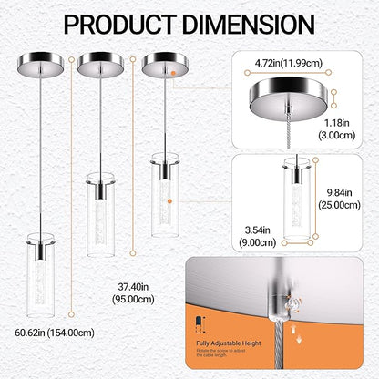 Pendant Ceiling Light Fixture - LED Crystal Pendant Lights for Kitchen Island, Modern Island Light with Bubble Glass - 3 Pack