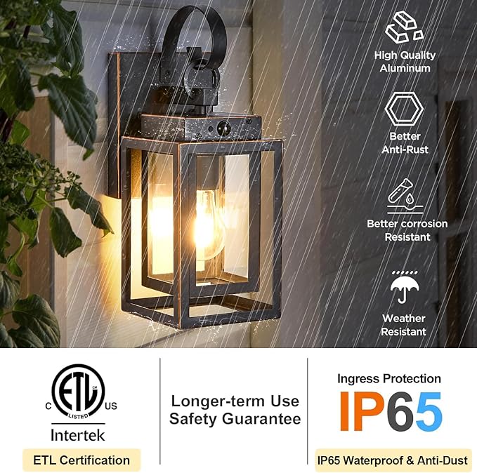 Upgraded Motion Sensor Outdoor Wall Lighting Fixtures, Dusk to Dawn Coach Lamps Outdoor Wall Sconces with Clear Glass, Modern Black Outside Wall Mount Lantern for Front Door, Porch, Garage