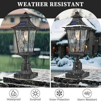 Solar Lamp Post Light Aluminum 20.7 Inch Height Large Size Solar Pole Lights with Water Ripple Handmade Solder Glass Waterproof Black Finish Include Remote Control and LED Bulb