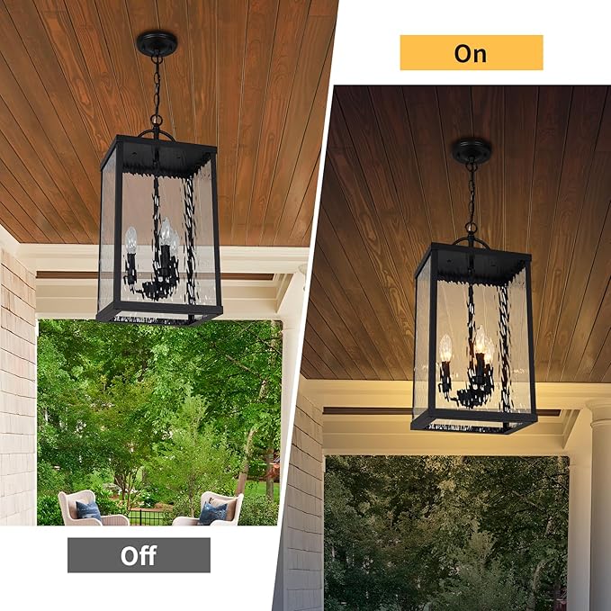 Large Outdoor Pendant Light, 22" Farmhouse Hanging Lantern with Water Ripple Glass, Vintage Black Adjustable Exterior Chandelier Fixture Ceiling Light for Porch, Patio, Gazebo, Entryway