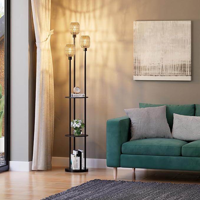 WIHTU 70" Boho Floor Lamp, Dimmable Rattan Floor Lamp with Shelves, 3 Lights Rustic Tall Lamps with Rotary Switch, Farmhouse Standing Lamps for Living Room, Bedroom，Office (Includes 3 Bulbs)