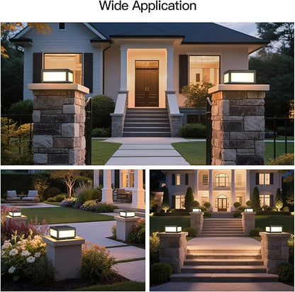 Solar Post Lights, 11.8" Pillar Light Outdoor, Modern Column Lights, Fence Posts Cap Lamp Solar Powered, Square 3000K LED Light Fixture IP54 Waterproof for Garden Deck Patio Outside Lighting