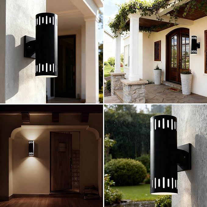 Outdoor Wall Lights Stainless Steel, 23W 3000K Integrated LED Cylinder Up Down Wall Sconces, 1300LM Warm White Exterior Lightiing IP65 Waterproof Light Fixture for House, Porch, 2 Pack Black